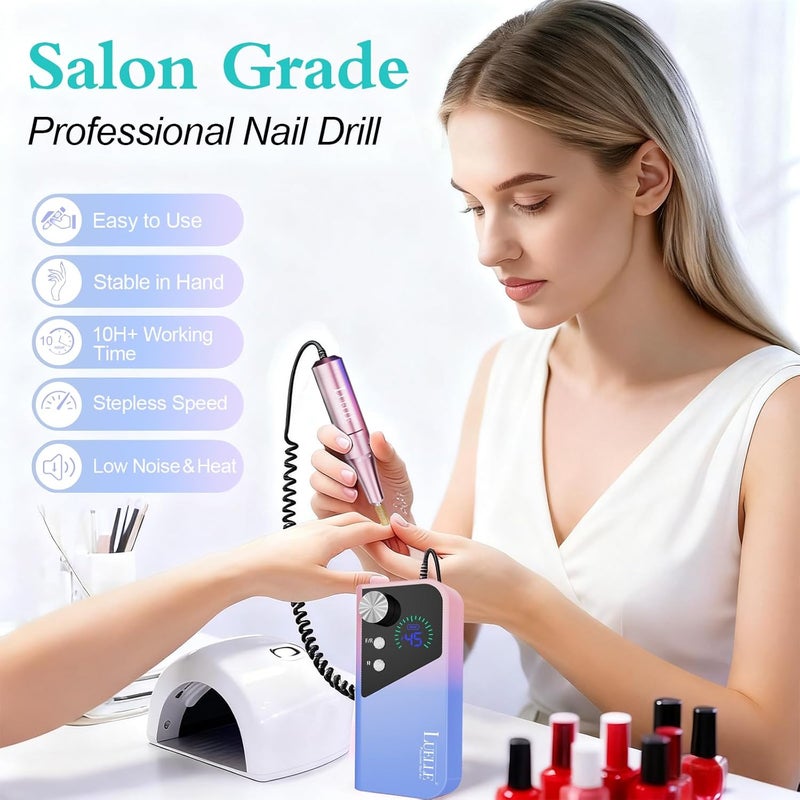 Luelle Electric Nail Drill File Professional 45000 RPM, Electric Nail File Machine Kit for Acrylic Gel Nails Polishing Removing, Portable Rechargeable Cordless E File with Gold Bits Kit for Salon Home - Image 2